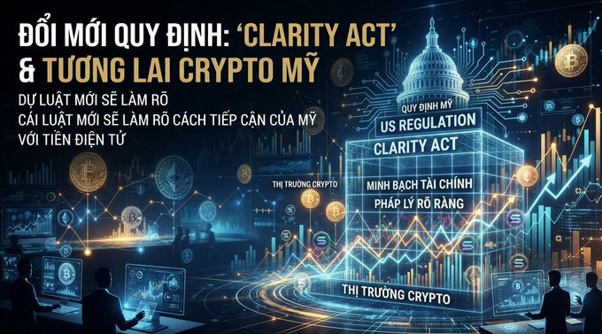 A digital graphic featuring Vietnamese text about the 'CLARITY ACT' and US regulation, alongside English text like 'US REGULATION' and 'CLARITY ACT', with imagery of the US Capitol and crypto market charts.