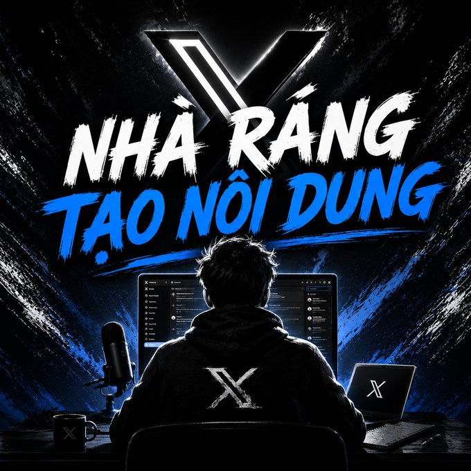 A dark promotional graphic with blue text reading 'NHÀ RÀNG TẠO NỘI DUNG' featuring a person at a computer with an X logo.