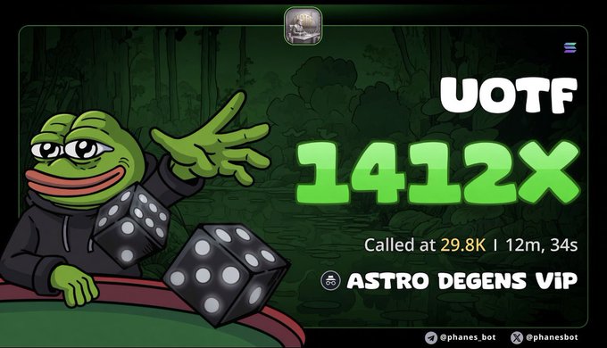 The image features a Pepe-style frog mascot in a hoodie beside two dice, promoting a 1412X gain on $UOTF which was called at $29.8K MC and reached $42.1M, credited to ASTRO DEGENS VIP within 12 minutes and 34 seconds, with contact handles @phanes_bot.