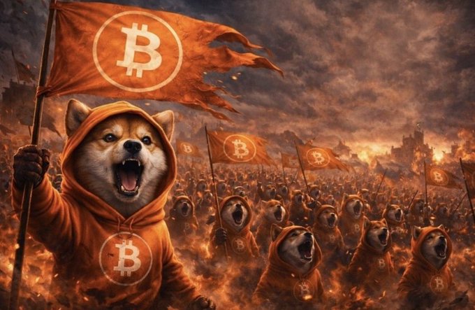 An AI-generated image depicting an army of Shiba Inu dogs wearing orange Bitcoin hoodies, carrying Bitcoin flags, and marching through a fiery, apocalyptic battlefield.