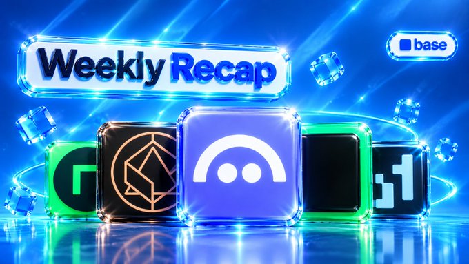 A vibrant digital graphic titled 'Weekly Recap' on a blue background, featuring colorful 3D tiles with various cryptocurrency logos and a 'base' tag in the upper right.