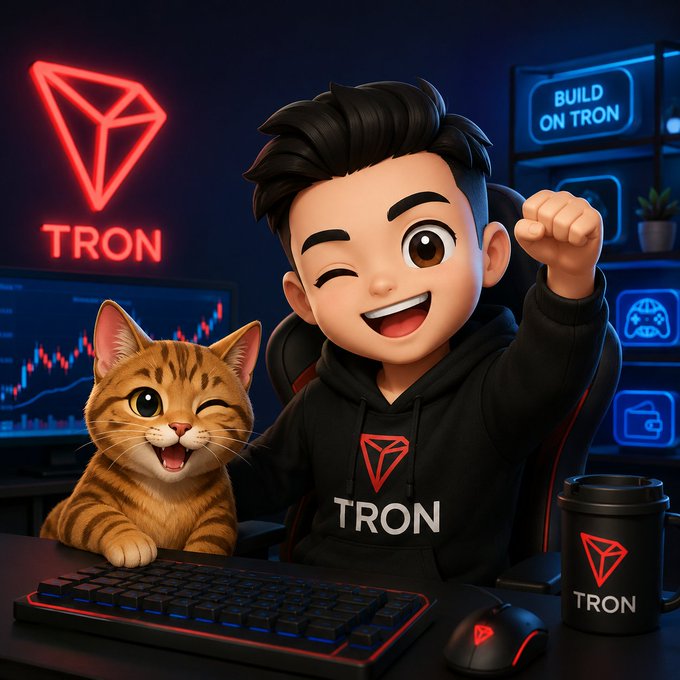 A cheerful animated avatar in a black "TRON" hoodie winks and pumps his fist in excitement beside a happy tabby cat, set against a gaming setup featuring a glowing red "TRON" logo, a "BUILD ON TRON" monitor, and trading charts. The image visually reinforces the post's message about TRON powering Web3 gaming with speed, micro-transactions, and asset ownership.