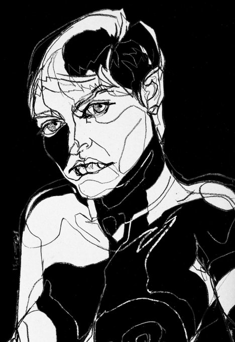A black and white stylized illustration of a character with short dark hair, angular features, and an intense expression, rendered in a high-contrast ink style.