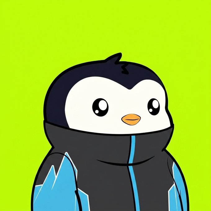 A cartoon-style illustration of a cute penguin character wearing a dark gray and blue hoodie against a bright green background.