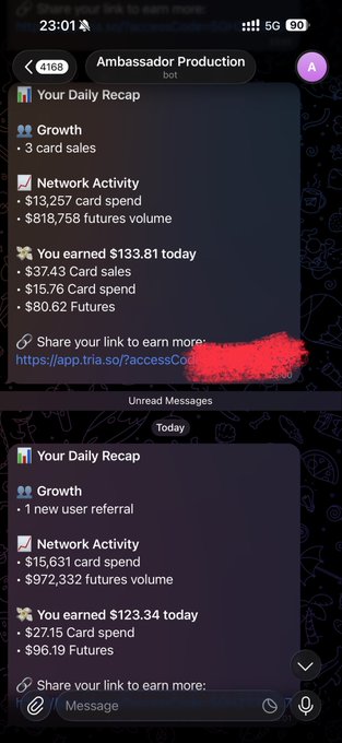 A screenshot of Telegram messages from "Ambassador Production" bot showing daily recaps with card sales, network activity ($13K+ spend, $800K+ futures volume), and earnings of around $123-133 daily, aligning with the post's claim of earning $5,000/month from Tria referral commissions.