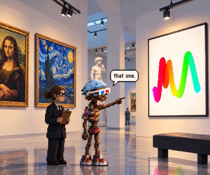 A scene in an art gallery shows a businessman and a pixelated character pointing at a colorful modern art piece, saying 'that one.', while classic paintings like the Mona Lisa and Starry Night hang nearby.