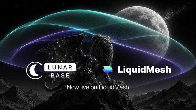 A promotional banner featuring a winged griffin and a moon against a starry background, announcing 'LUNAR BASE x LiquidMesh' with the text 'Now live on LiquidMesh.'