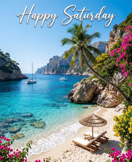 A 'Happy Saturday' greeting card featuring a tropical beach scene with turquoise water, sailboats, palm trees, vibrant pink flowers, and a beach umbrella over a lounge chair.