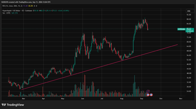 A TradingView chart of $HYPE/US Dollar on Coinbase shows a sharp rally from ~$52 in late August to a high near $89, breaking above the year-long ascending trendline before pulling back to $75.23. The price action on the chart directly illustrates the strong surge and breakout mentioned in the caption.