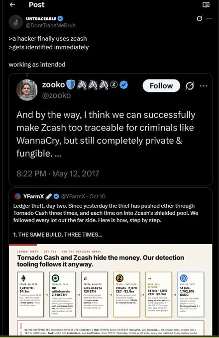 The image shows a cryptocurrency forum post featuring tweets from @Zooko (Zooko Wilcox, Zcash creator) and @YfarmX discussing how Tornado Cash and Zcash's shielded pool can be traced to identify criminals like WannaCry hackers, with a detailed infographic titled "Tornado Cash and Zcash hide the money. Our detection tooling follows it anyway" tracking $4.34M ETH, 101 WBTC, and ZEC transactions across ledgers.