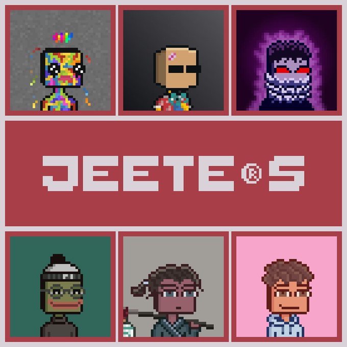 A promotional grid for 'JEETEOS' featuring six pixel-art character portraits arranged around a red banner with the brand name.