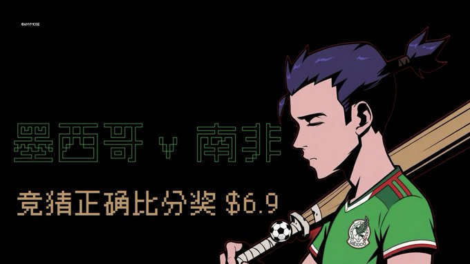 The image features a cartoon boy holding a soccer ball while wearing a green shirt with a soccer ball design. The background of the image is black, making the colors of the boy's outfit stand out. There are also Chinese characters written on the image in white text that reads "World Cup opener, who do you pick? Tonight at 3 AM, the World Cup is about to kick off! Come on, keep it simple—you can head to @okxchinese to place bets and split 1 BTC". The post seems to be promoting a soccer-related event or game.