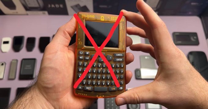 Two hands hold up a translucent orange "Coleslaw" hardware wallet with a red X drawn across it, symbolizing the frustration and failure implied by the post's critique of expecting average users to master passphrases, dice rolls, and multi-sig setups—complexities that often backfire.