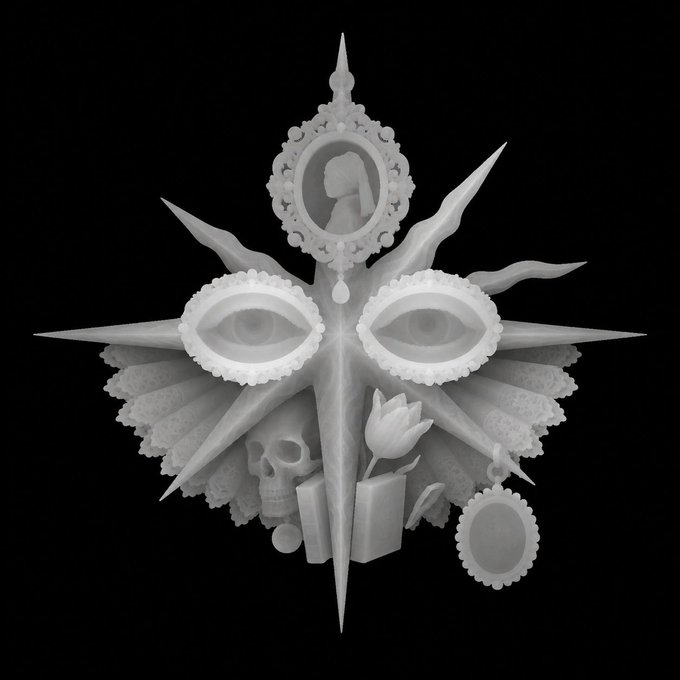 A black and white 3D-rendered surreal composition featuring a central star shape with eyes, framed portraits, a skull, a tulip, and lacy decorative elements.