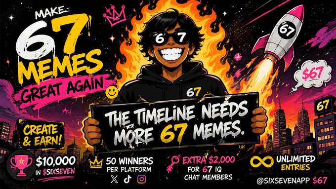 A colorful promotional graphic reads "MAKE 67 MEMES GREAT AGAIN" and "THE TIMELINE NEEDS MORE 67 MEMES," offering prizes of $10,000 and extra $2,000 for the "67 IQ" meme-making challenge.
