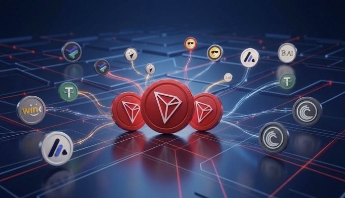 Red TRON cryptocurrency coins connect to various other crypto tokens like WINk and BAi in a futuristic digital network illustration.