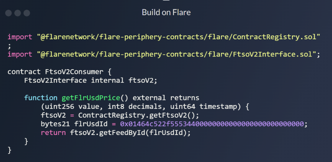 The image shows a Solidity smart contract titled "Build on Flare" that imports from @flarenetwork/flare-periphery-contracts, demonstrating an `Ftsov2Consumer` contract that retrieves the FLR/USD price feed using the `getFlrUsdPrice()` function. It illustrates the simplicity of building a Flare Time Series Oracle (FTSO) price feed reader, as referenced in the accompanying post about leveraging FTSO's decentralized data feeds for DeFi applications.
