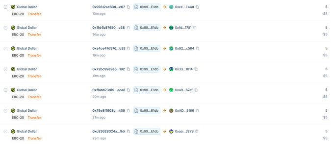A cryptocurrency transaction history shows multiple Global Dollar ERC-20 transfers, each for $5, occurring at various times with different wallet addresses.