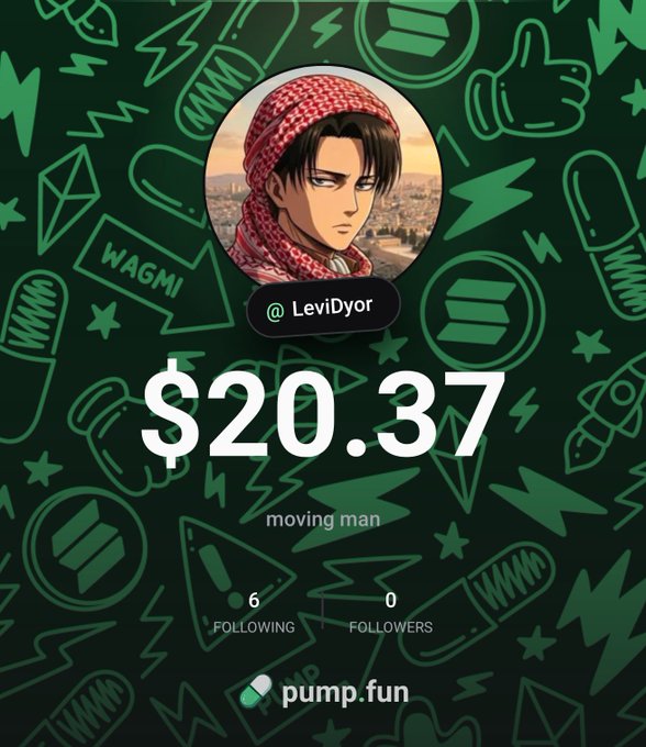 A pump.fun profile page for "@LeviDyor" displays an anime-style avatar of a character wearing a red scarf, showing a balance of "$20.37" with 6 following and 0 followers. The caption "$20 & a dream Tonight!" humorously references the modest starting balance shown on the screen, emphasizing the user's humble beginning with high aspirations.