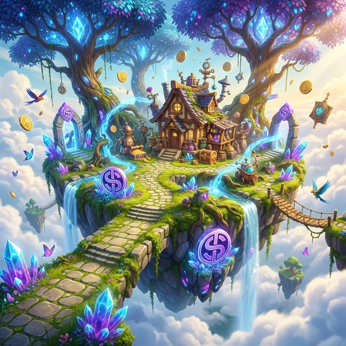 A vibrant fantasy illustration of a floating island featuring a wooden house, waterfalls, glowing blue crystals, gold coins, and purple portals with dollar sign symbols.
