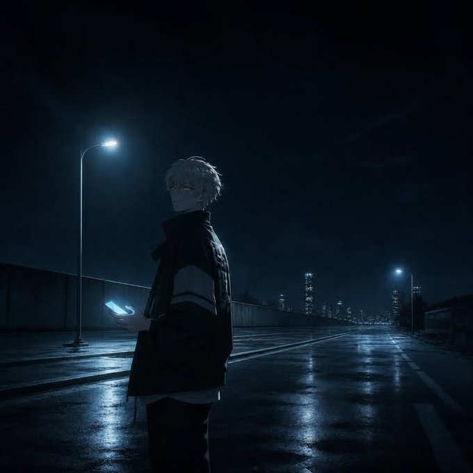 An anime-style illustration of a person with white hair and glasses standing on a wet, empty road at night under a streetlight, illuminated by the blue glow of a phone screen, with city lights in the distance.