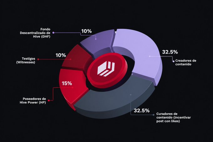 A 3D pie chart showing a token distribution with slices for 'Creadores de contenido' (32.5%), 'Curadores de contenido' (32.5%), 'Poseedores de Hive Power (HP)' (15%), 'Testigos (Witnesses)' (10%), and 'Fondo Descentralizado de Hive (DHF)' (10%).