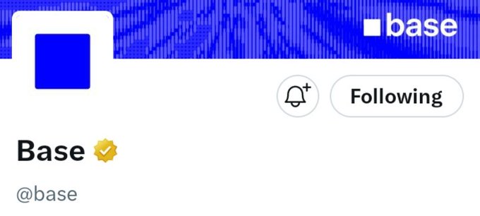 The image shows a social media post from a user named @base, which appears to be a message or status update related to base. The post includes a blue header with white text that reads "Base" followed by a gold checkmark symbol. Below this, there is a line of text in white and blue that says "Following". The image also contains a small image of a bell icon.