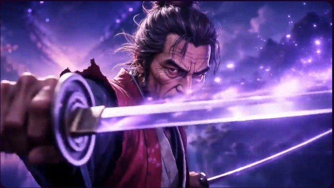 A fierce samurai with glowing eyes brandishes a katana wreathed in purple energy, mirroring the post's reference to a Musashi-themed blockchain testnet that channels patience over speed—visually embodying the "self-aware or" irony of a slow chain invoking the legendary swordsman as its scaling benchmark.