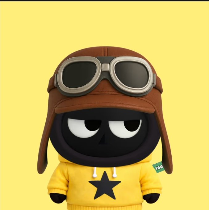 A 3D-rendered black character wearing a brown aviator hat with goggles and a yellow hoodie featuring a black star, set against a yellow background.
