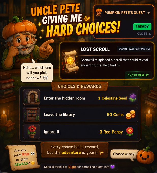 The image shows a Halloween-themed "Pumpkin Pete's Quest" event in Sunflower Land where players must choose between a "Celestine Seed" for entering a hidden room, "50 Coins" for leaving the library, or "3 Red Pansy" for ignoring Cornwell's lost scroll quest. The post highlights the difficult decision Uncle Pete is presenting, asking the community which reward they would pick—tying into the playful dilemma shown in the game's interface.