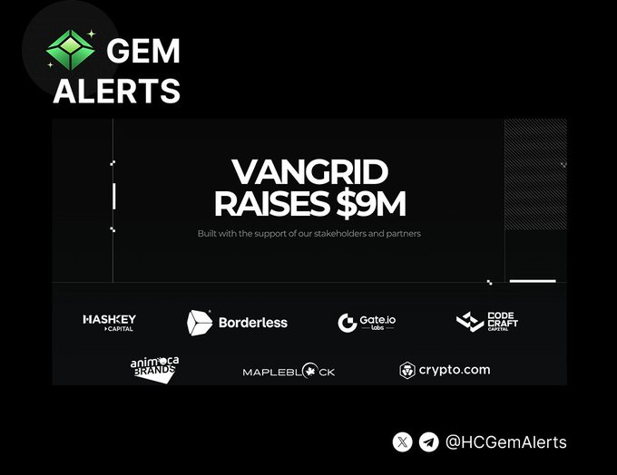 The image is a "Gem Alerts" graphic announcing that Vangrid raised $9M, supported by investors including HashKey Capital, Borderless, Gate.io Labs, DODE, Animoca Brands, Mapleblock, and Crypto.com. It relates to the post by highlighting Vangrid's $9M funding round and showcasing its notable backers, reinforcing the project's credibility as a free DePIN-for-AI gem.