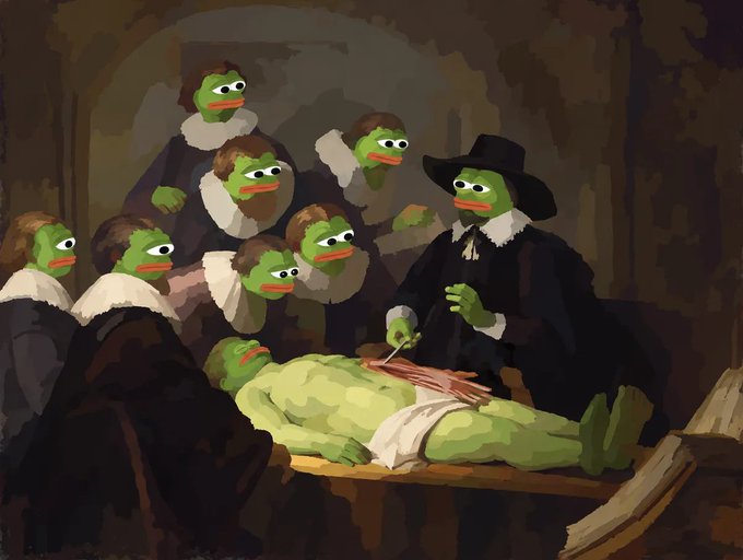 A humorous painting parodying 'The Anatomy Lesson of Dr. Nicolaes Tulp' with Kermit the Frog as the patient, surrounded by historical figures examining him.