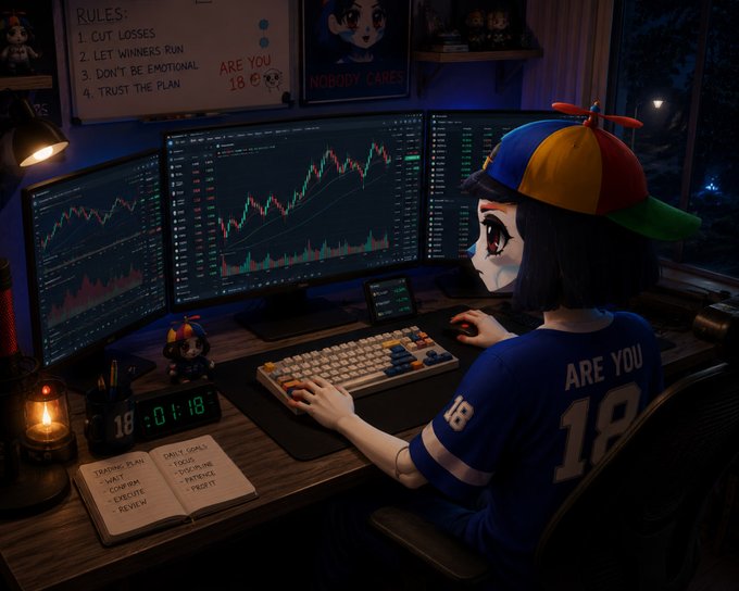 A digital artwork of an anime-style character with bobbed hair and a propeller hat sitting at a multi-monitor trading desk showing stock charts, wearing a blue jersey with 'ARE YOU 18/19', surrounded by trading rule posters including '1. CUT LOSSES, 2. LET WINNERS RUN, 3. DON'T BE EMOTIONAL, 4. TRUST THE PLAN' and a digital clock reading 18:01:18.
