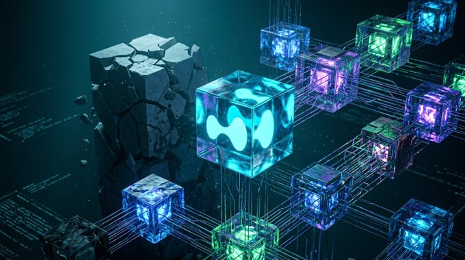 A 3D digital artwork showing interconnected translucent cubes displaying various tech logos, including a prominent cyan 'M' (Monero) logo, linked by glowing data lines.