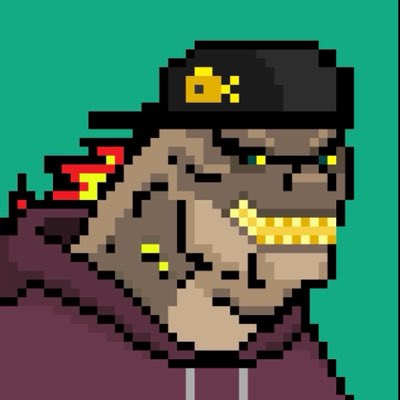 Pixel art portrait of a person wearing a dark beanie with a yellow logo and a purple hoodie against a teal background.