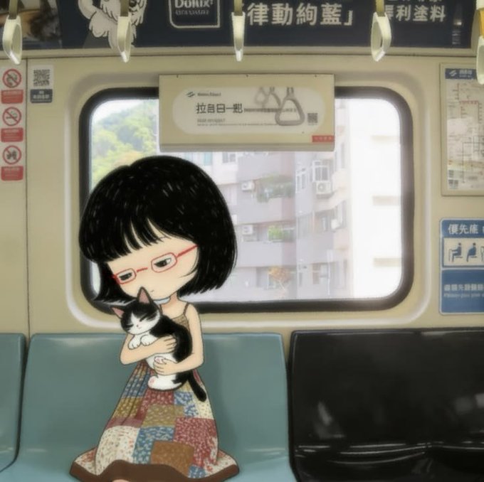 An anime-style illustration of a girl with a black bob haircut and red glasses holding a black and white cat while sitting on a train seat, with a "Dove" advertisement in Chinese visible above.