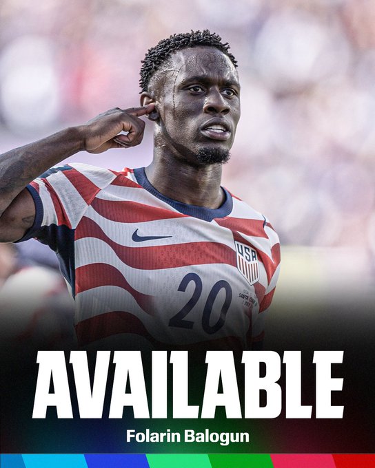 A promotional graphic featuring USMNT soccer player Folarin Balogun in the team's red, white, and blue #20 jersey, with the text "AVAILABLE" displayed prominently alongside his name at the bottom.
