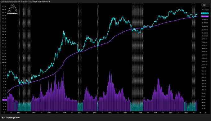 A TradingView chart of US500 (S&P 500) from 2016 to 2026 shows the index's price action in cyan with a purple moving average line tracking the broader upward trend, accompanied by a purple/teal volume histogram below. The post's caption "Purple line is where the money is made" highlights how the purple moving average serves as the key trend-following indicator amidst volatile price swings, showing investors who bought dips along this line rode the long-term rally from ~100 to 600+.