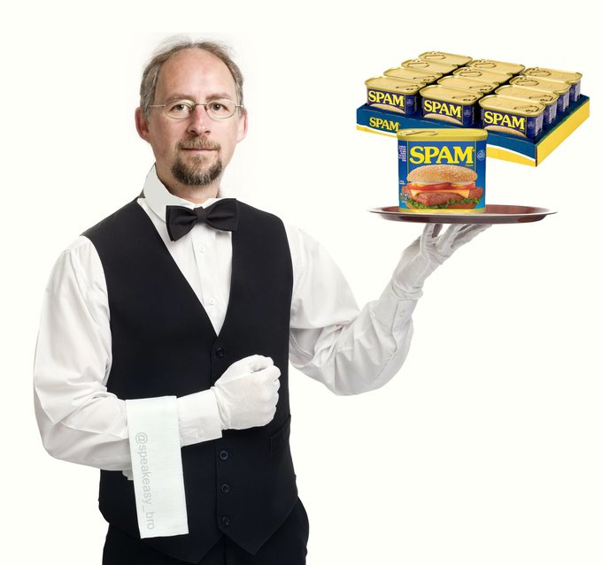 A man dressed as a waiter in a tuxedo and white gloves holds a tray featuring a single can of SPAM, with a full case of SPAM hovering behind it. The image humorously illustrates the "Your usual sir?" caption by presenting SPAM as a formal, recurring order.