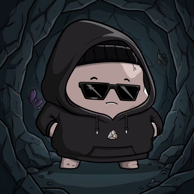A chibi-style cartoon character wearing a black hoodie and sunglasses standing in a dark cave with purple crystals.