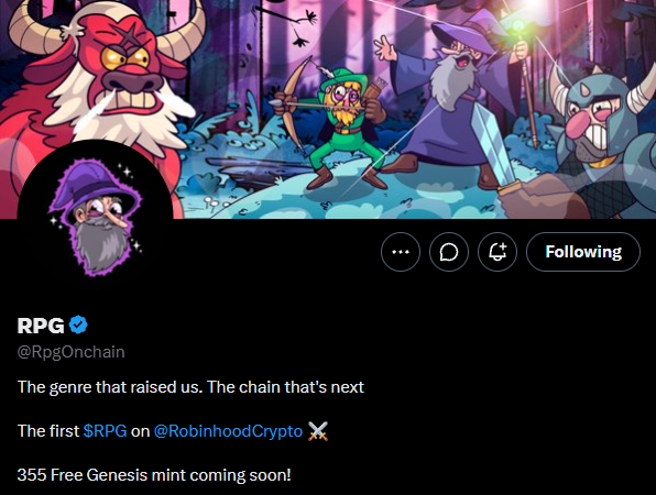A Twitter profile banner for the verified account @RpgOnchain ("RPG") features cartoon fantasy characters (a warrior, wizard, and archer) battling, with a bearded wizard avatar matching the post's mention of the first $RPG token launching on @RobinhoodCrypto, teasing a free 335 Genesis mint.