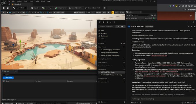 A Unreal Engine editor screenshot displaying a 3D desert scene in the viewport alongside MCP tools for Foliate MCP and UnrealEditor showing console logs about UEFN MCP check errors and connection failures.