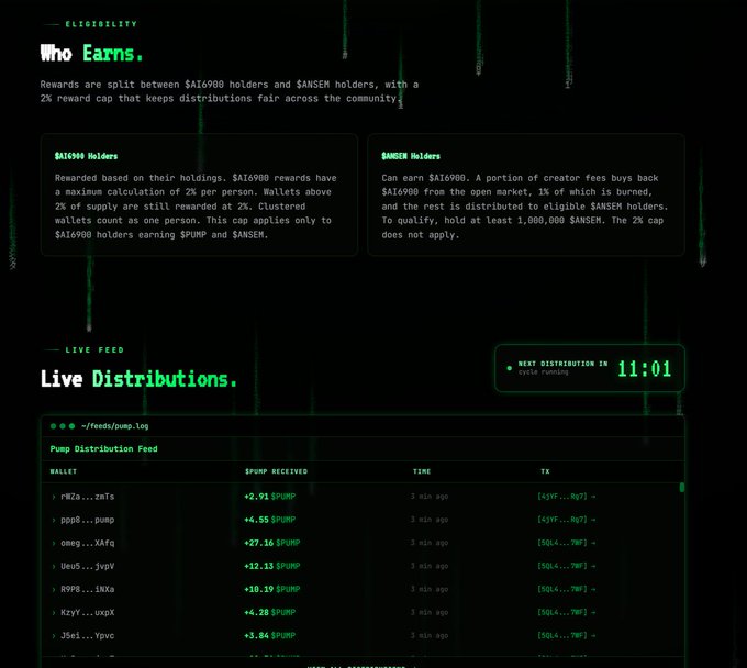 A dark-themed crypto dashboard displaying 'Who Earns' eligibility info for $A16900 and $ANSEN holders, with a live distribution feed showing recent $PUMP rewards transactions.