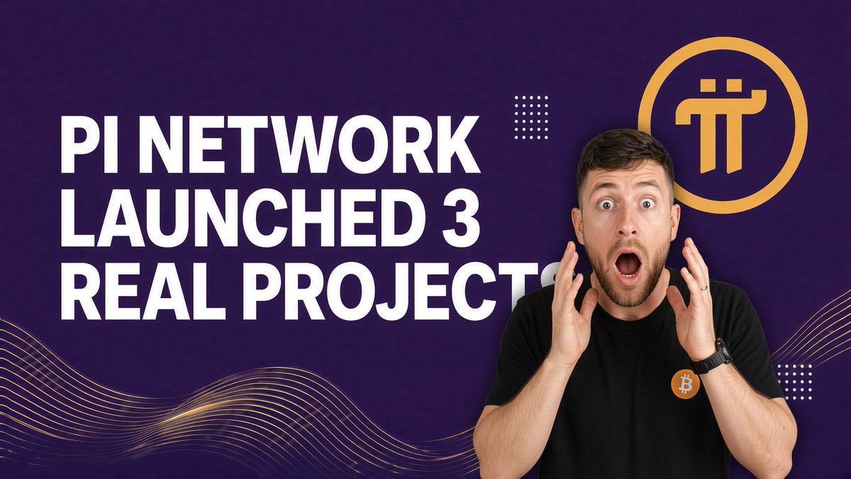 A surprised man reacts next to bold text reading "PI NETWORK LAUNCHED 3 REAL PROJECTS" against a purple background featuring the Pi Network logo, visually amplifying the post's enthusiasm about Pi becoming the cryptocurrency of the future.