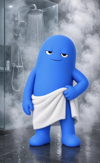 A blue cartoon character stands in a steamy shower, holding a white towel around its waist with a smug expression.