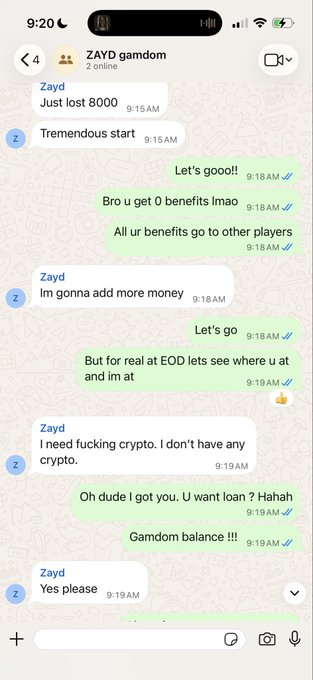 The screenshot shows a WhatsApp conversation between the user and "ZAYD" in the "gamdom" group chat, where Zayd complains about losing $8000, discusses getting 0 benefits, mentions needing crypto but having none, and ultimately asks to borrow money—tying into the poster's caption about VIP-hosting a real-life friend (Zayd) and enjoying their job at Gamdom.