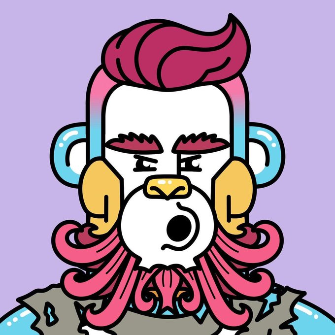The image features a cartoon-style portrait of a man with pink hair, wearing a brown shirt and a beard. The man has a large nose and is holding a gum bubble in his mouth. The background color of the image is purple. The caption below the image reads "We're thrilled to announce our collaboration with @dubinft Supply: 10k GTD requirements: Follow @monaverse_nft & @dubinft Like & RT this tweet ... Comment your EVM address + tag 2 friends winners in 48 hours".