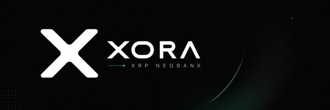 A dark banner displaying the XORA logo and the tagline 'XRP NEOBANK' with a large white 'X' on the left.