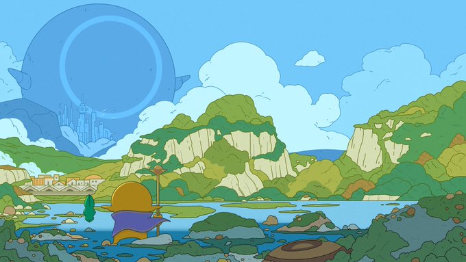 A 2D animated scene of a character wearing a straw hat standing in a lush, rocky landscape with a river and a massive floating structure in the sky.
