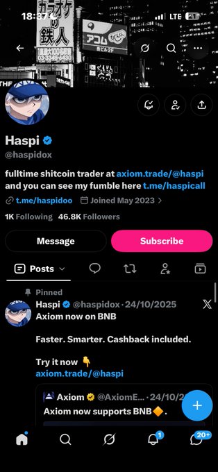 A Twitter/X profile for 'Haspi' (@haspidox), a 'fulltime shitcoin trader at axiom.trade/@haspi' with 46.8K followers. A pinned tweet from Axiom announces support for BNB.